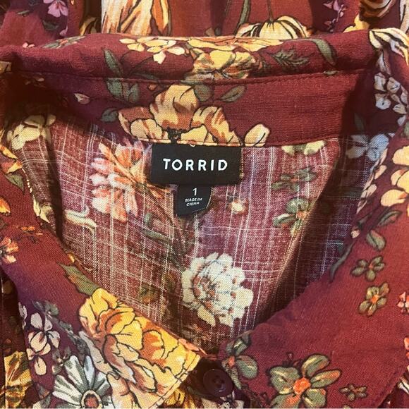 Torrid Size 1 Floral Long Sleeve Button up Peplum Blouse - Picture 4 of 4